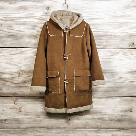 Vtg Y2K Sherpa Lined Brown Vegan Leather Jacket Long Hippie Womens Medium Toggle - Picture 1 of 8